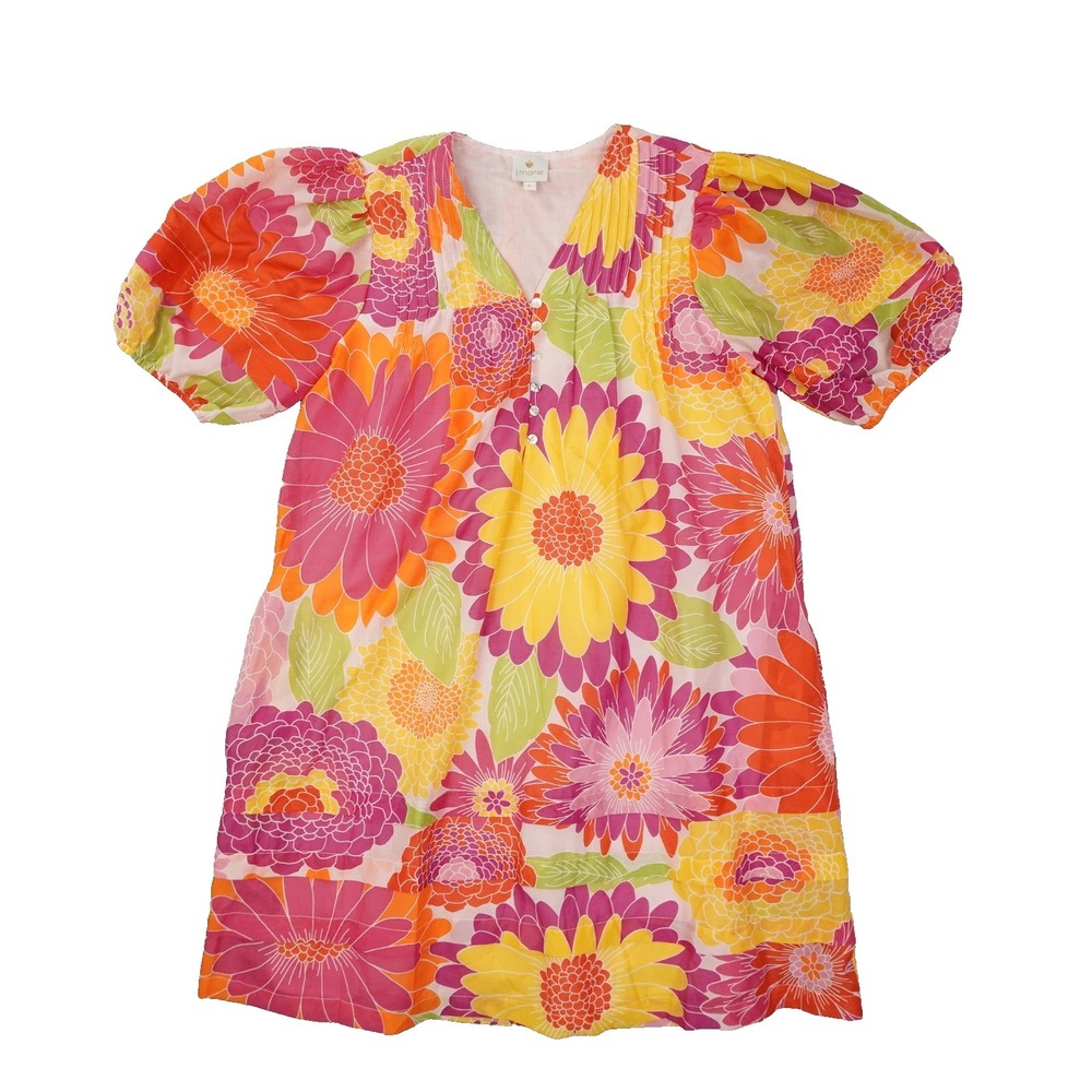 J. Marie Floral Mini Dress Womens Small Puff Sleeve Shift Dress Multicolor Retro